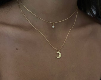 Charm celestial CZ necklace, tiny charm necklace, double necklace , silver CZ necklace, layered necklace , stars and moon necklace