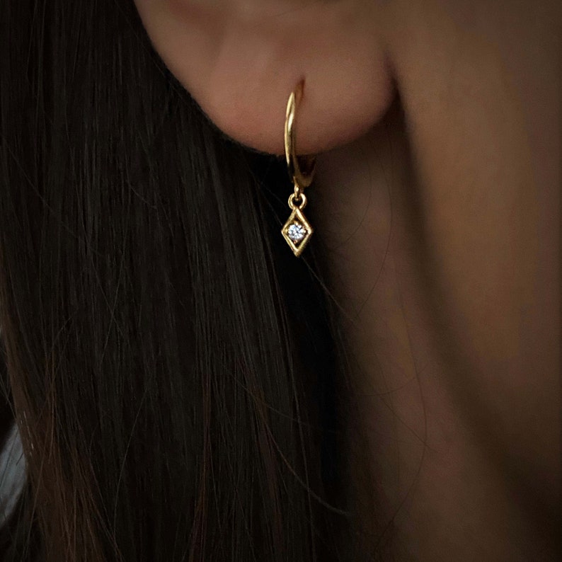 Dangle hoop earrings, charm hoops, tiny charm, minimalist hoops, huggie earrings, dainty hoop earrings, charm earrings, CZ image 1