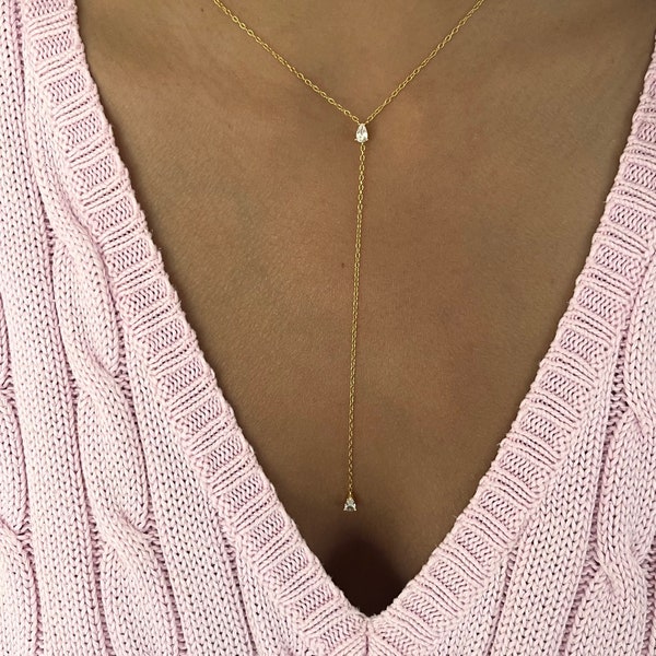 Gold emerald Lariat Necklace, Y Necklace, Gold lariat Necklace, Minimal Necklace