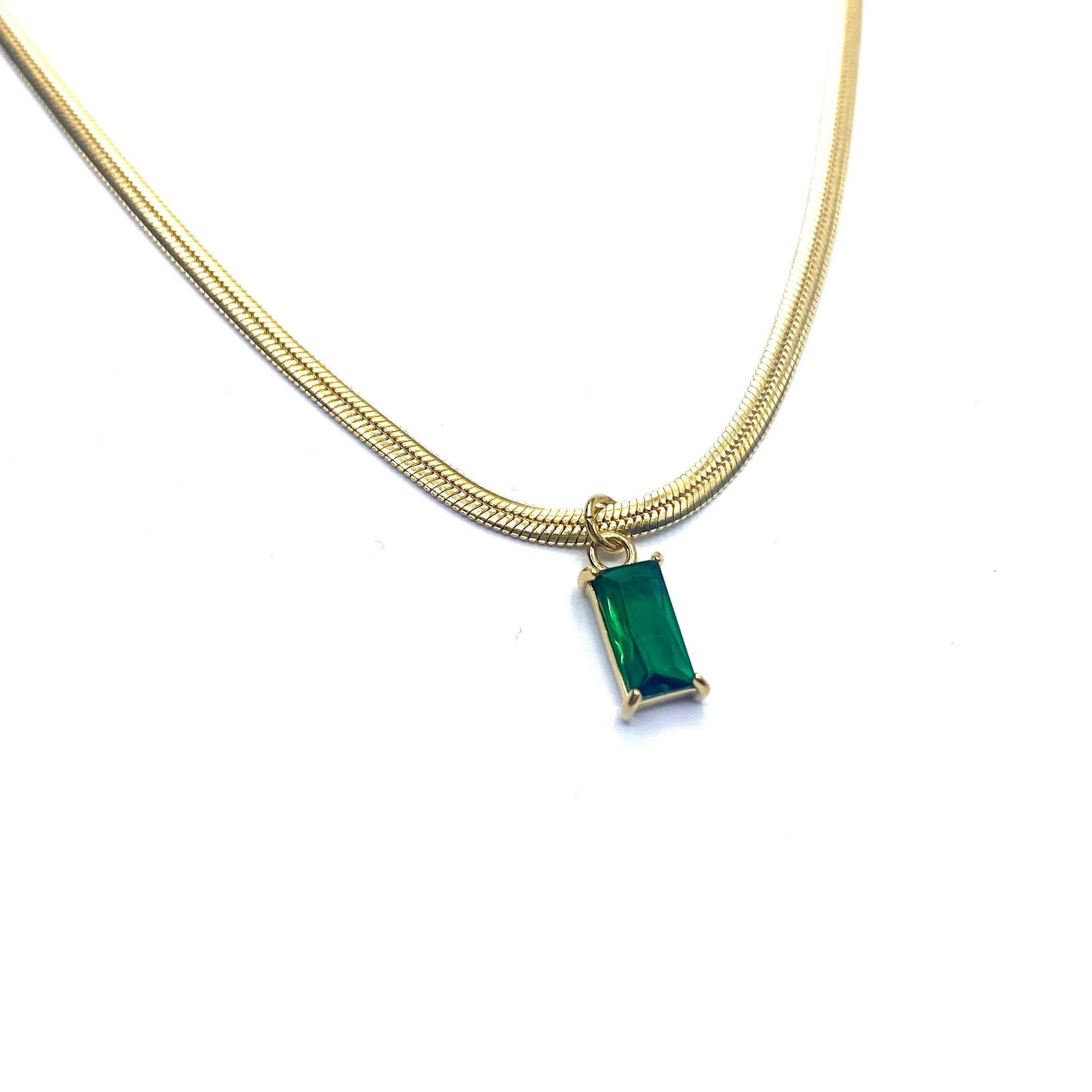 Collier Chaîne Vintage – Plaqué Or, Pierre Verte émeraude, Bon état