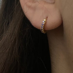 Purple CZ   hoop earrings , amethyst purple gold earrings , minimal hoop earrings, tiny hoop earrings , customized earrings