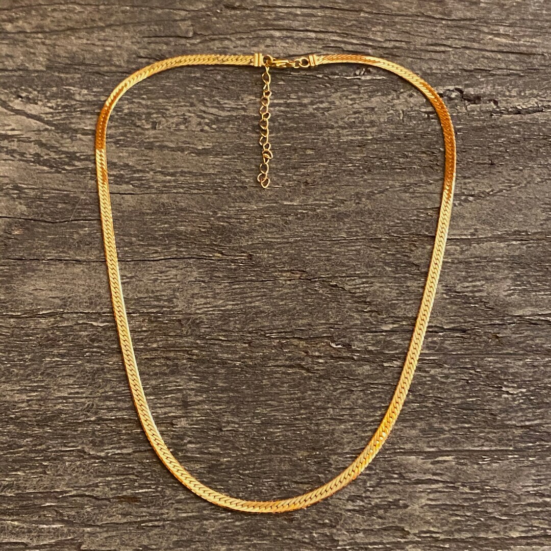 Herringbone Gold Necklace, Flat Gold Necklace , 18K Gold Layering
