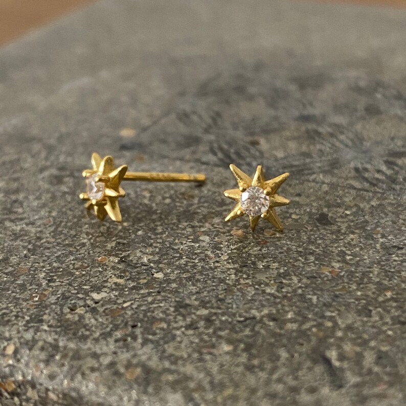 Starburst gold stud earrings, star silver CZ earrings, dainty CZ stud earrings, celestial jewellery, dainty and delicate earrings image 9