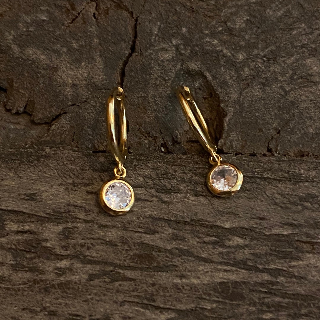 Dangle Charm Hoop Earrings, CZ Charm Hoops, Tiny Round CZ Charm, Minimalist Hoops, Huggie ...