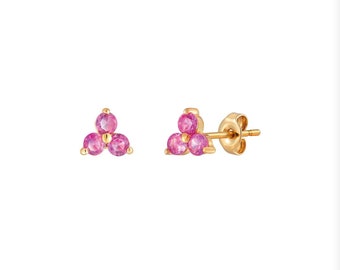 Tiny ruby gold stud earrings, dainty ruby earrings, birthstone earrings , flower ear studs