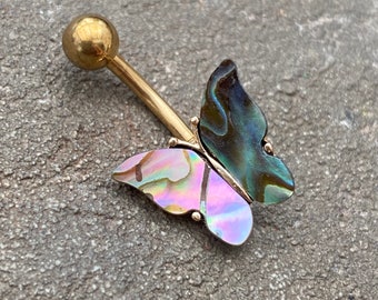 Butterfly shell  belly banana, belly bar , surgical steel bar , shell, Avalon Belly piercing , organic piercing jewellery