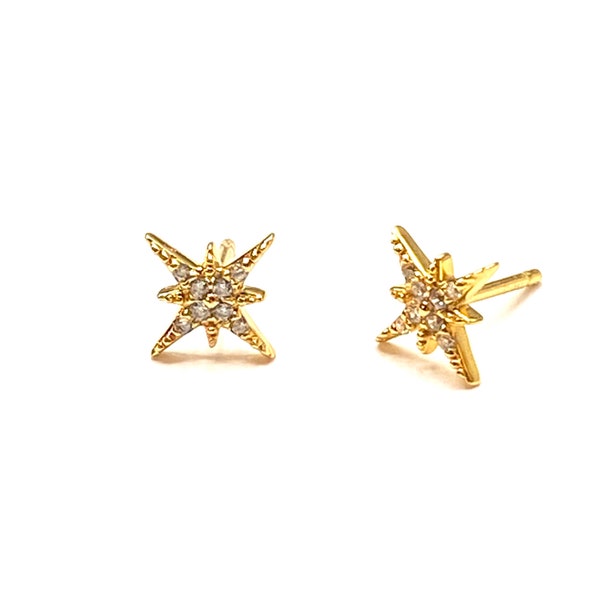 North Star CZ stud earrings, starburst gold earrings, star CZ gold studs , dainty star earrings, gift