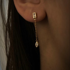Drop Chain charm earring, CZ charm earring, dainty gold drop earring, UK, dainty ear studs