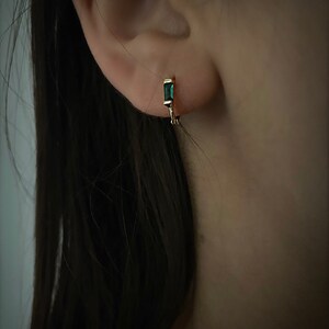 Tiny emerald and gold hoops, emerald earrings, 2nd and 3rd piercing earrings, cartilage hoop earrings, crystal baguette earrings, gift , UK