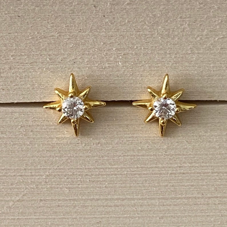 Starburst gold stud earrings, star silver CZ earrings, dainty CZ stud earrings, celestial jewellery, dainty and delicate earrings image 2