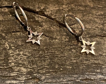 Dangle star hoop earrings, charm hoops, celestial tiny charm earrings, hoops, huggie earrings, dainty hoop earrings, CZ - Silver x