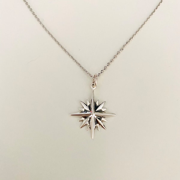 Collar Estrella del Norte, colgante de plata estrella, collar de estrella de 16 puntas, colgante starburst, celestial, regalo, collar de estrella de plata