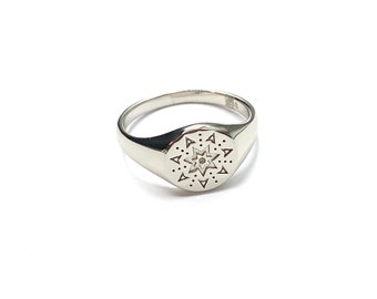 Compass  signet ring, Aztec silver ring, Unisex signet silver ring