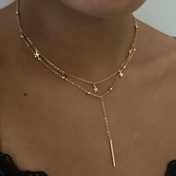 Charm celestial double  necklace, star lariat necklace  necklace, dainty gold necklace, silver star  necklace, gift , double lariat necklace