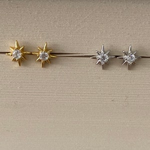 Starburst gold stud earrings, star silver CZ earrings, dainty CZ stud earrings, celestial jewellery, dainty and delicate earrings image 3