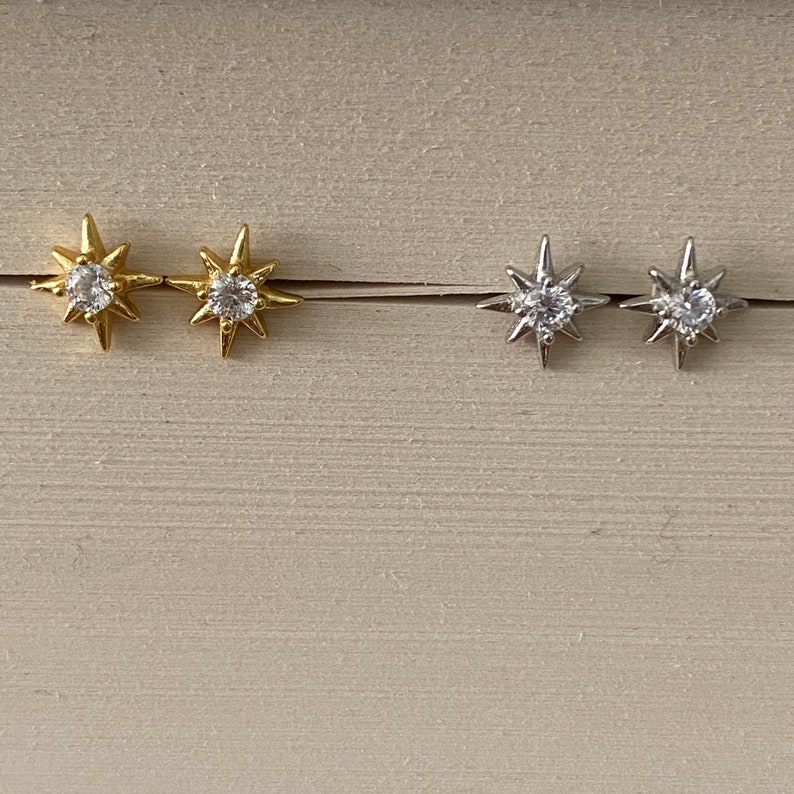 Starburst gold stud earrings, star silver CZ earrings, dainty CZ stud earrings, celestial jewellery, dainty and delicate earrings image 3