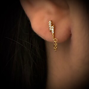 Earrings with chain, lightning bolt earrings, CZ chain earstuds