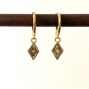 Dangle rhombus  hoop earrings, charm hoops, tiny charm, minimalist hoops, huggie earrings, dainty hoop earrings, charm earrings, CZ