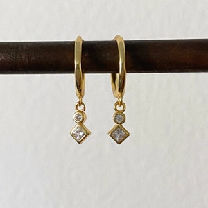 Listing -Michaella Dangle hoop earrings, charm hoops, tiny charm, geometric charm hoops, huggie earrings
