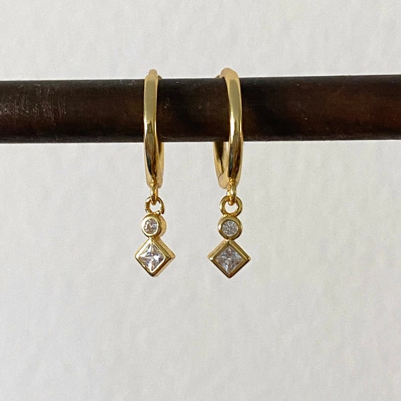 Dangle Hoop Earrings, Charm Hoops, Tiny Charm, Geometric Charm