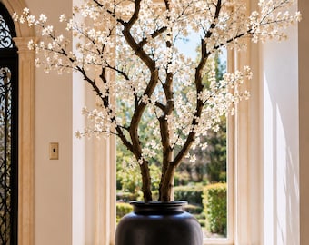 Árbol de cerezo artificial preiluminado, decoración primaveral de sakura blanca