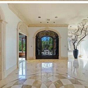 May include: A large, white, and beige entryway with a black wrought iron door and a decorative tree in a black vase.