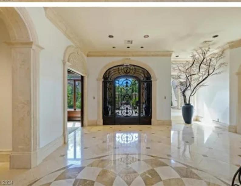 May include: A large, white, and beige entryway with a black wrought iron door and a decorative tree in a black vase.