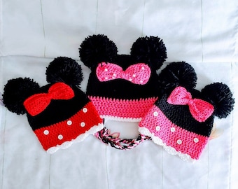 Girl Mouse Inspired Crochet Hat - 1 yr, Child, and Adult sizes - Red & Pink -2 Different Styles - Mouse Pomp Ears, Mouse Pom Pom Ears Hat