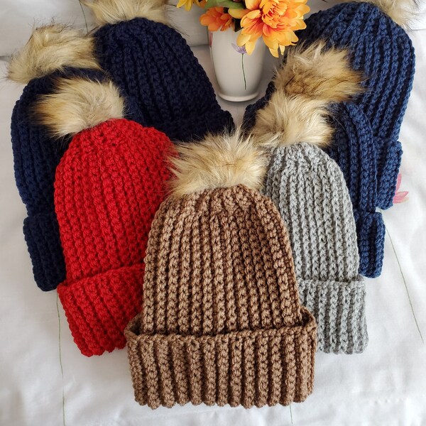 The Ribbed Toboggan Crochet Hat w/Faux Fur Pomp -Adult/Teen- Blue, Café Latte, Red, Gray - Acrylic & Wool Yarns - Warm Winter Pom Pom Hat