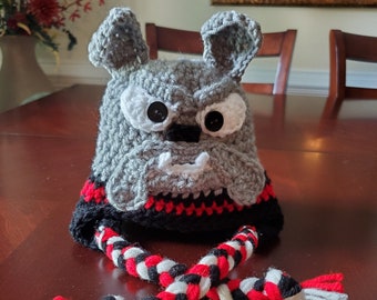 Bulldog Crochet Hat w/Earflaps/Tassels - Baby to Adult sizes - School Bulldog Mascot Hat, Gray Bulldog Hat, Dog Hat, Animal Hat, Red & Black