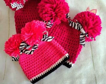 Pink Fairy Crochet Child Hat - Hot Pink w/ 2 Pom Poms & Black/White Ribbons - Hot Pink 2 Pom Pom Hat