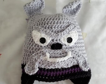 Customize Your Stripe/Tassel Colors - Gray Bulldog Crochet Hat w/Earflaps - Baby-Adult sizes -School Bulldog Mascot Hat, Dog Hat, Animal Hat