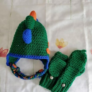 Dinosaur Crochet Child Hat w/Scales, Earflaps & Tassels - Green, Blue, Orange - Mittens optional - Dinosaur Costume Hat - Child&#39;s Play Hat