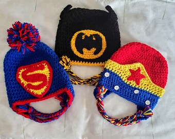 Superhero Inspired Crochet Hat w/ Earflaps & Tassels - Baby to Adult Sizes