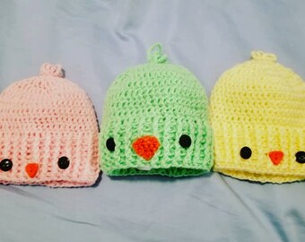Baby Chick Crochet Hat - Pink, Blue, Green, Yellow, Multicolor - Sizes Newborn to Toddler - Baby Animal Hat - Baby Chicken Hat