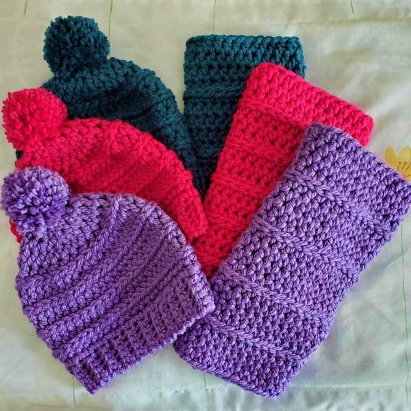 The Cozy Pom Crochet Beanie w/ Cowl Scarf- Adult/Teen - Pink, Lavender, Teal - Chunky Yarn Hat, Warm Winter Hat, Chunky Pom Pom Beanie Hat