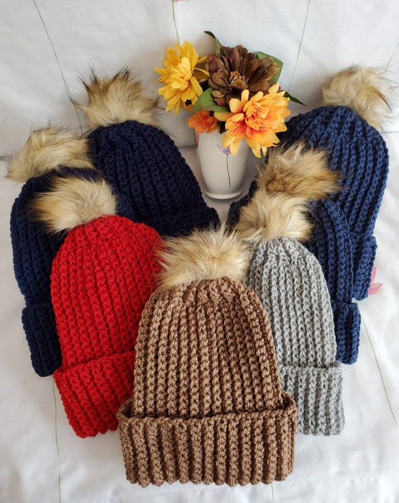 The Ribbed Toboggan Crochet Hat W/faux Fur Pomp -adult/teen  display picture 1