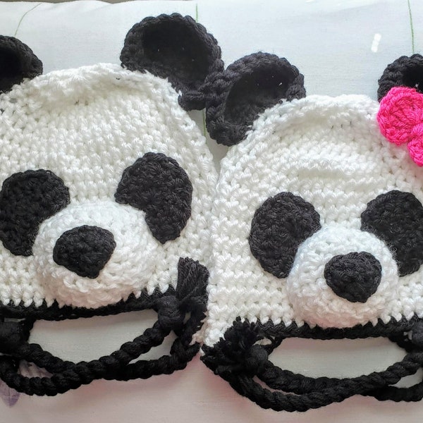 Panda Crochet Child Hat w/Earflaps/Tassels- Toddler, Child Sizes- Boy Panda Hat, Girl Panda Hat w/bow Turquoise/Burgundy - Animal Hat