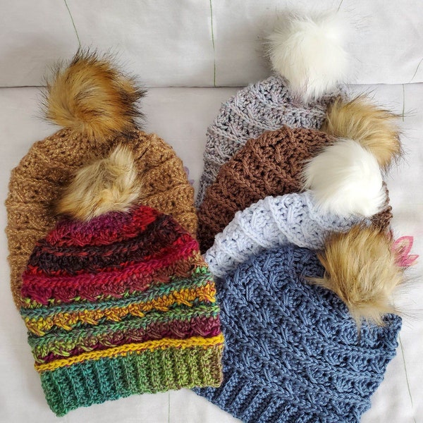 The Big Twist Crochet Beanie w/Faux Fur Pomp/Cowl Scarf -Teen/Adult- Blue, Neutrals, Berry, Rainbow - Sparkle, Acrylic, Wool Yarns - Pom Hat