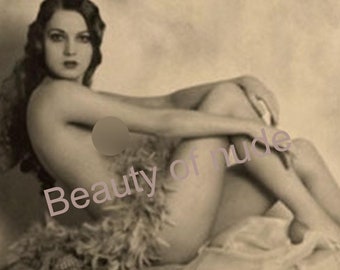 Mature content, Topless sitting girl, Vintage print of 20th