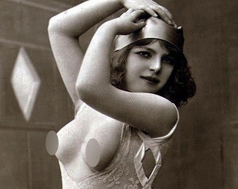 Mature content, Topless girl in lingerie, Vintage print of 1920th