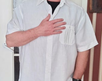 Camicia vintage da uomo in lino 100%, XXL, bianca, a maniche corte, con bottoni, casual