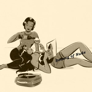 Sensual Lesbian drinking, Art vintage drawing, 1930s Boudoir print