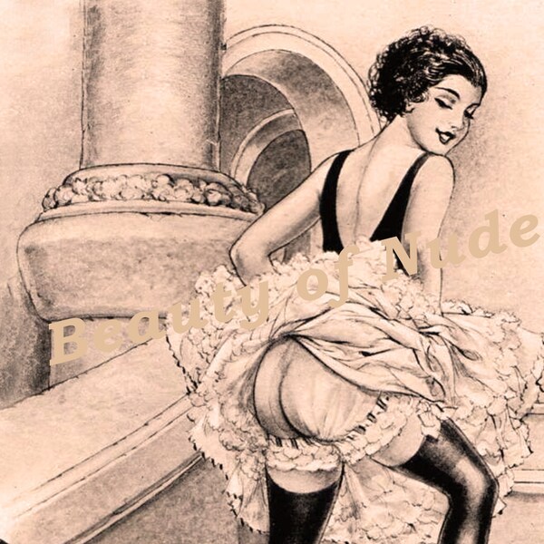 Cancan dancer girl. Under her skirt a risque look. Peering men. 20s vintage drawing reprint.