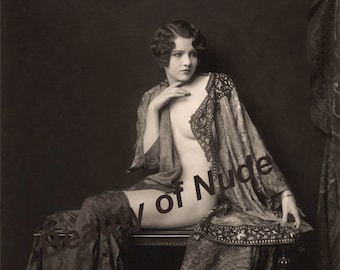 Mature content, Half-dressed girl sittng, Boudoir print vintage