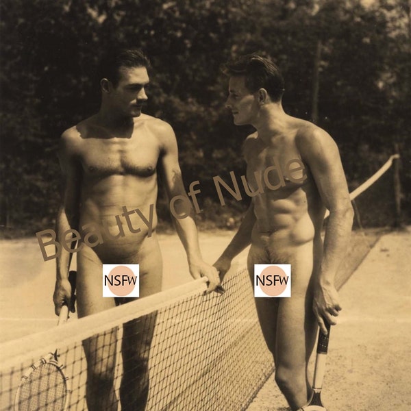 Mature content male, Nude tennis players. Full frontal man, Homoerotic vintage print