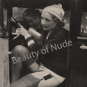 Girl in  car, Woman at risque view, Under her skirt, vintage print
