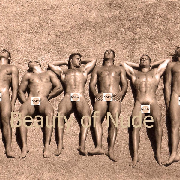 Mature content, Full frontal male, Six nude guys at the beach, Homoerotic vintage print