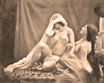 Mature content, Lesbians in bed, Retro art print