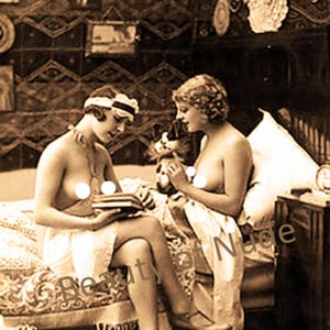 Mature content, Two topless girls at the bed, Lesbian art vintage